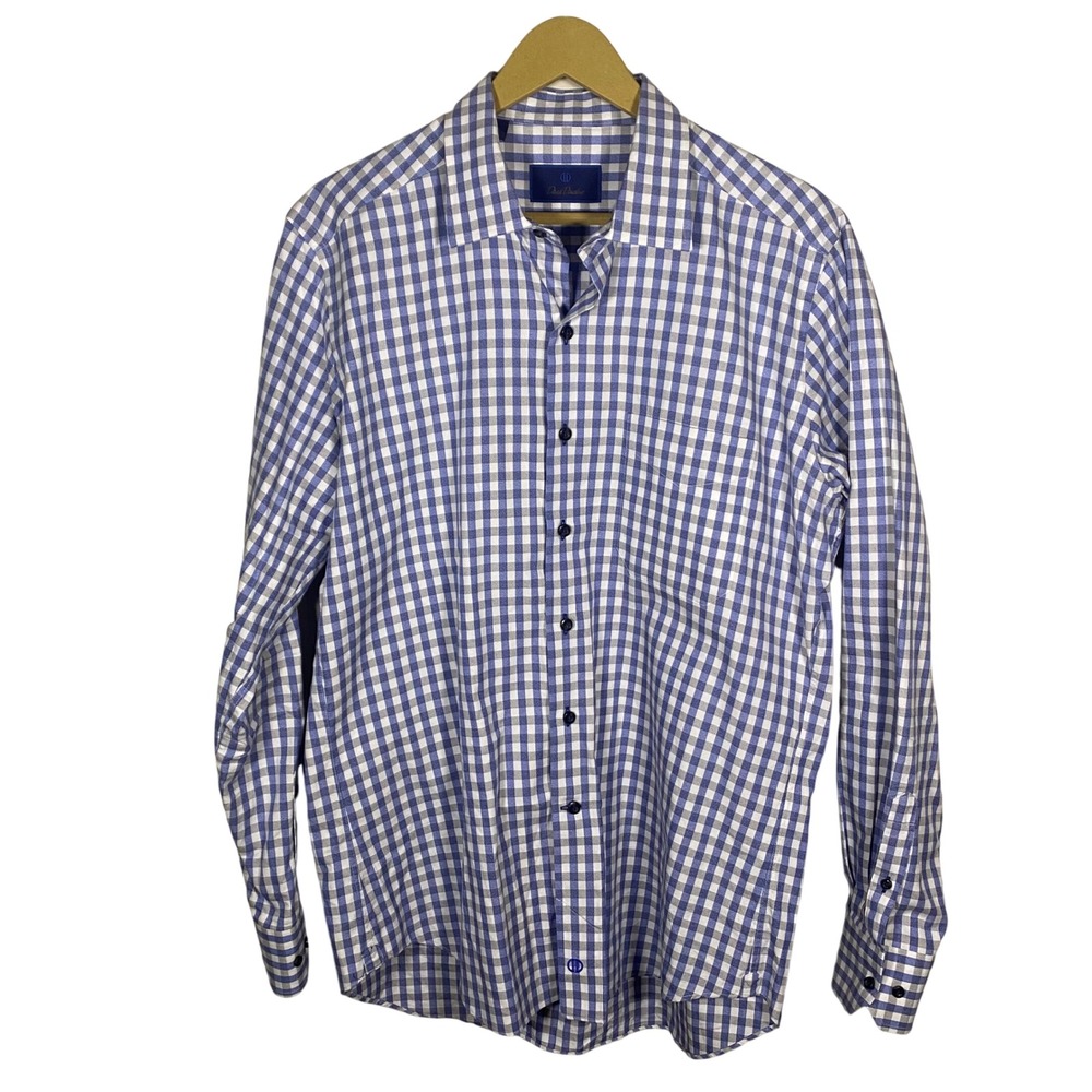 David Donahue Gingham Check Dress Shirt‎ Blue White Long Sleeve Button Up Mens L